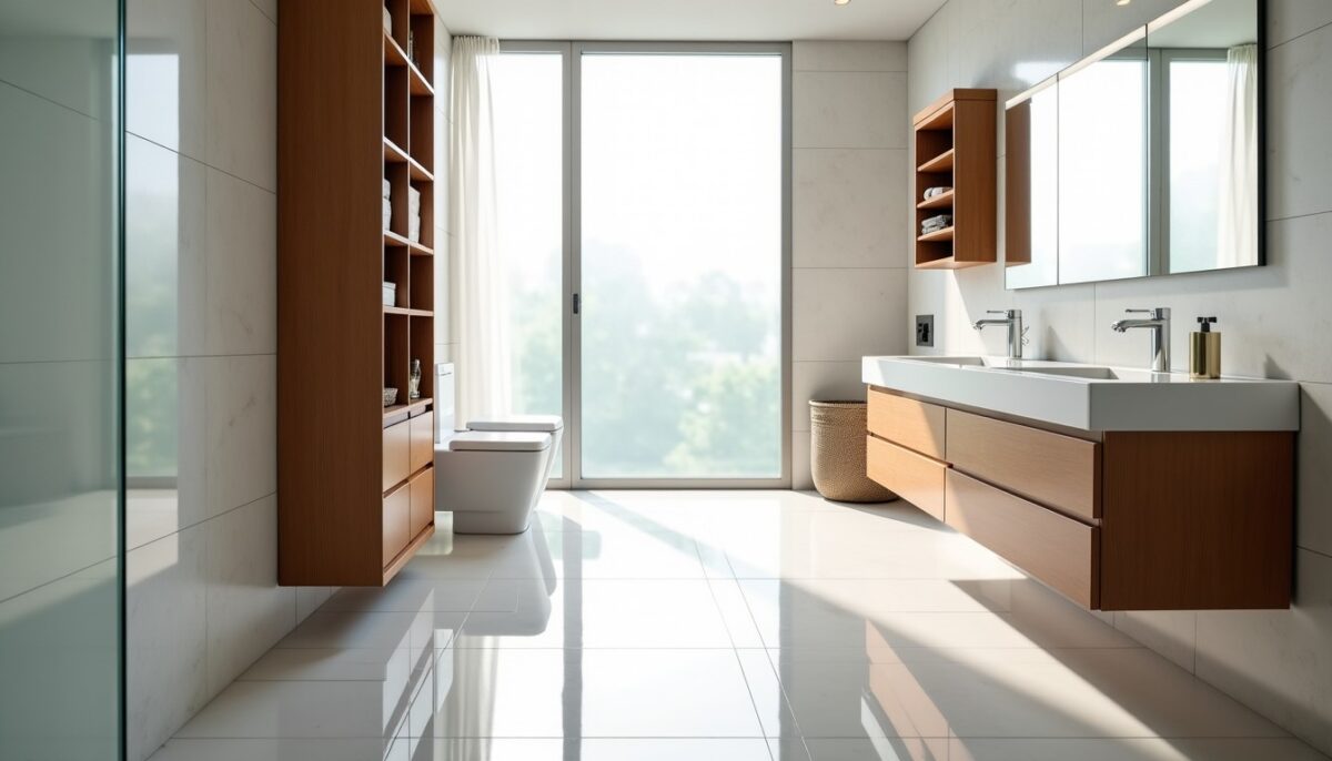Aménager une salle de bain en longueur : astuces pour positionner colonne, vasque et panier à linge